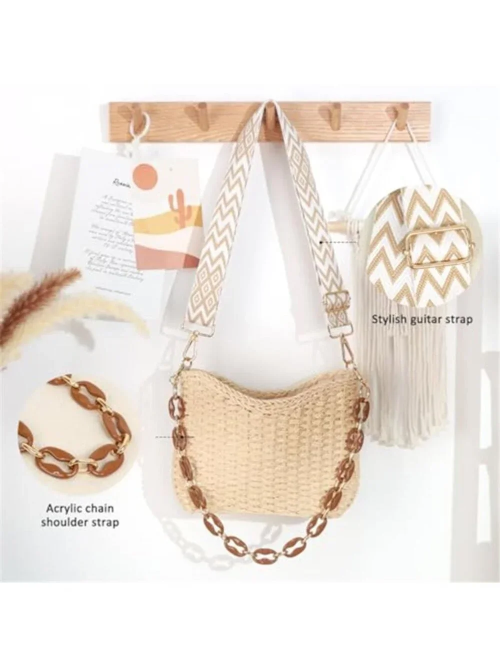 Straw Handbag Crossbody Pocketbook Bag Casual Woven Beach Summer Bag, Beige